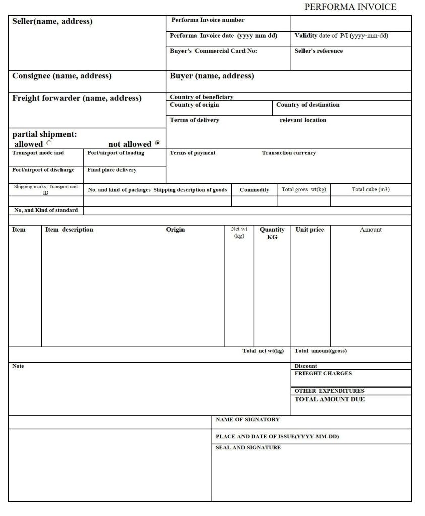Proforma Invoice نمونه
