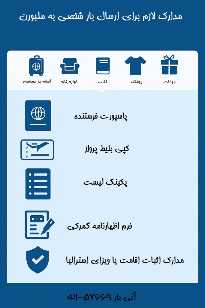 مدارک لازم برای ارسال بار شخصی به ملبورن